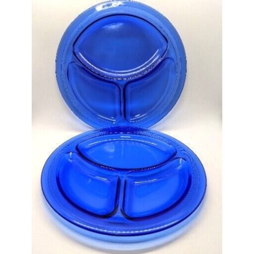 Smith Glass Homestead Cobalt Blue Grill Plates Set of 2 Divided Dish Vtg 9"
